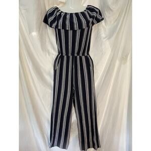 EYEShadow Jumpsuit Girl’s Size 8 Navy White Stripe Casual Boho Stretch Fun